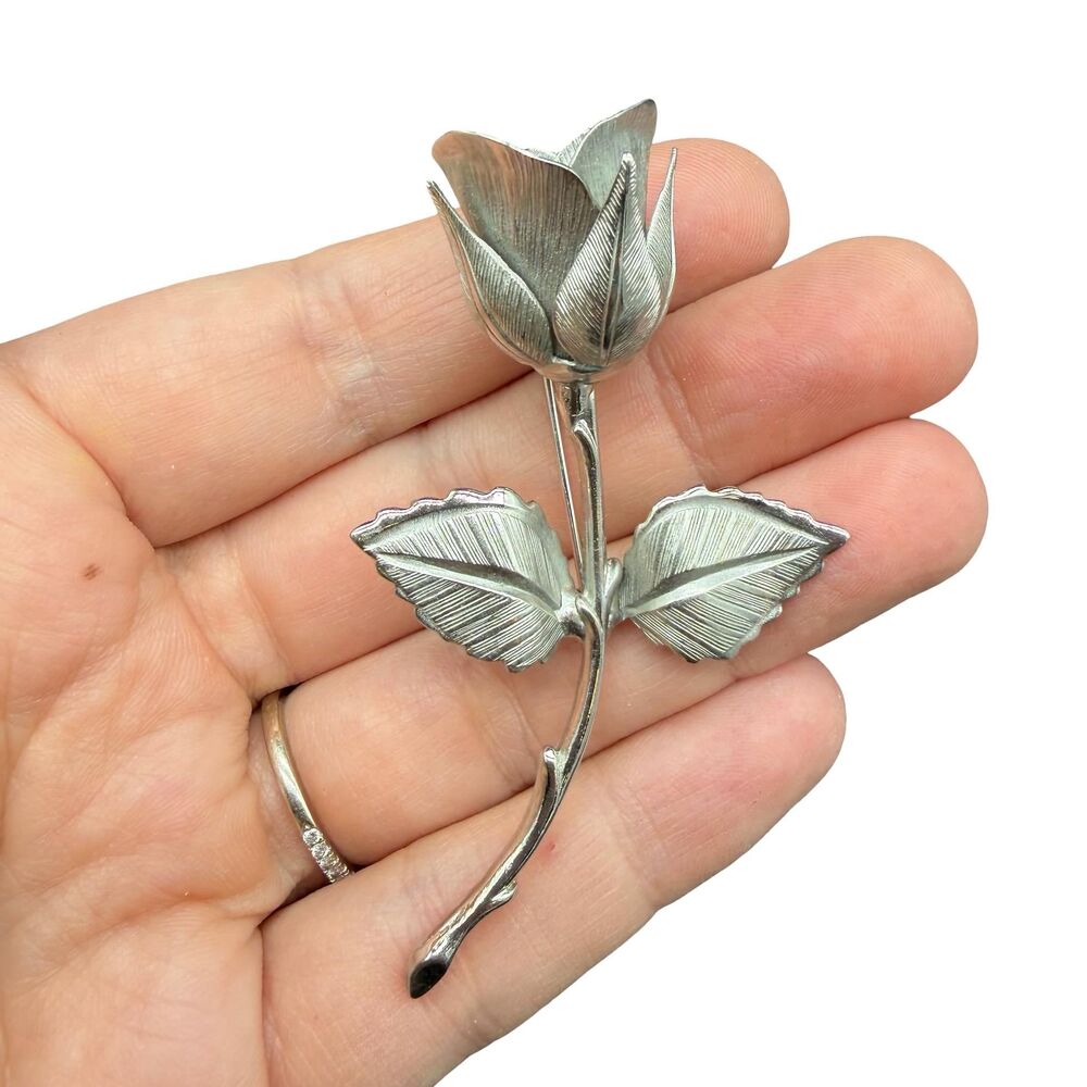 Vintage Jewelry Silver Tone Rose Brooch Pin
